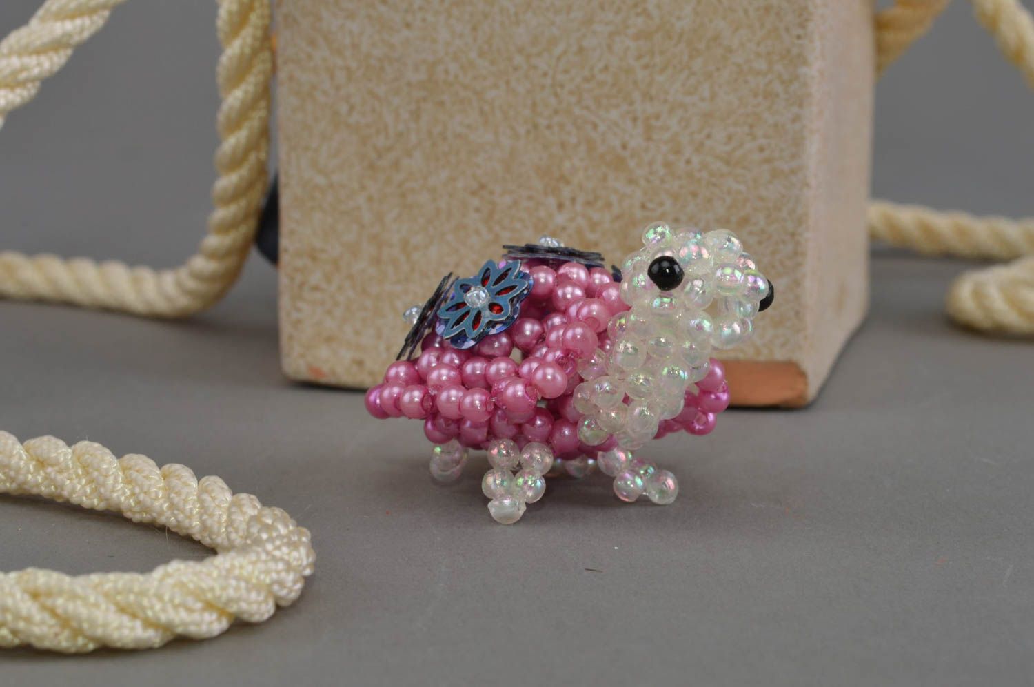 Handmade designer miniature bead woven figurine pink and white turtle photo 1