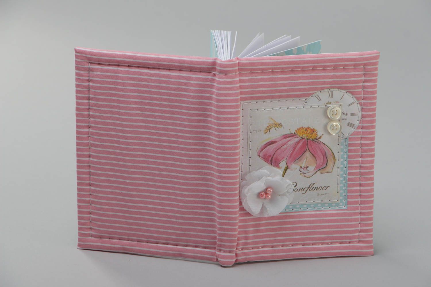 Блокнот в технике скрапбукинг с обложкой из ткани розовый полосатый хэнд мейд фото 4
