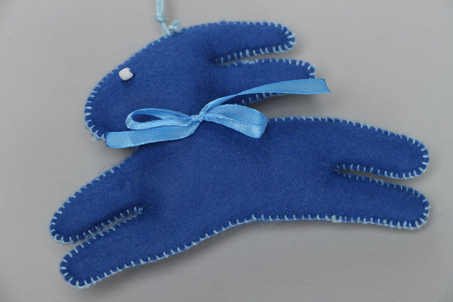 Handmade felt soft toy hare of blue color for interior decor photo 4