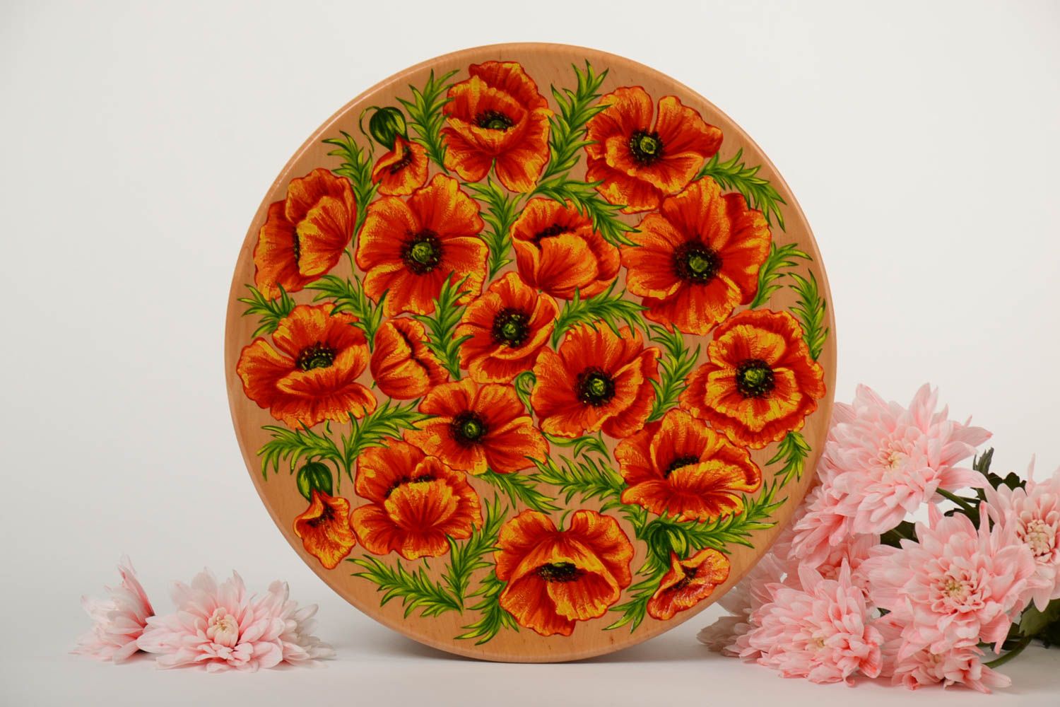 Painted decorative plate made of wood handmade lacquered wall panel Poppies photo 1