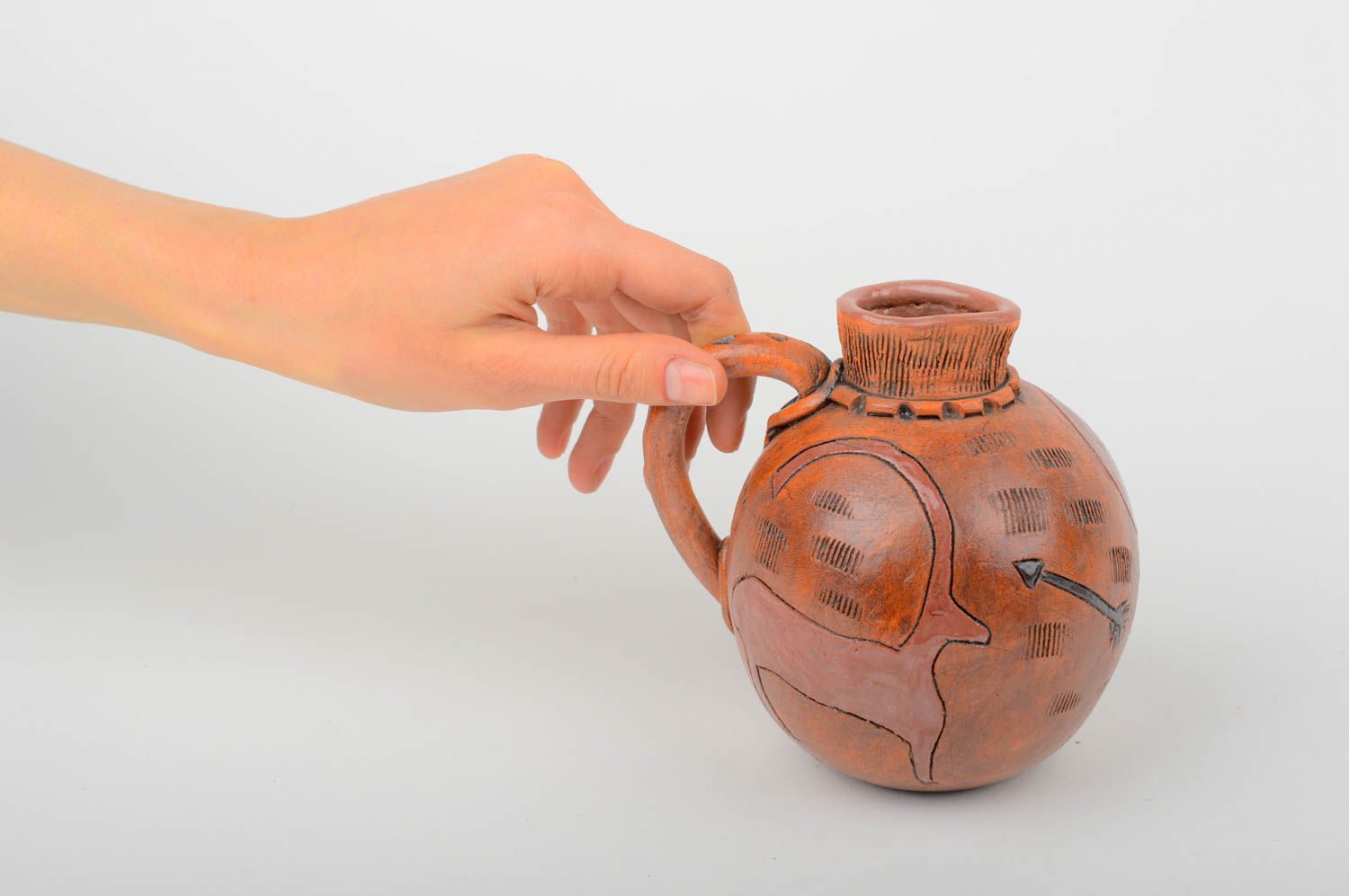 Handmade ceramic 12 oz ball shape wine carafe with handle and ancient ornaments 0,63 lb photo 2