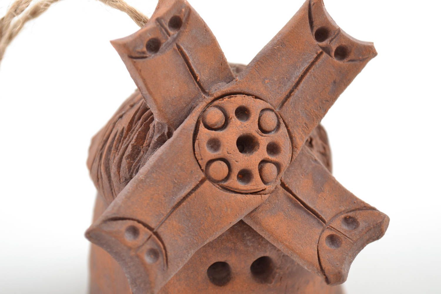 Handmade bell made of red clay brown unusual with eyelet photo 5