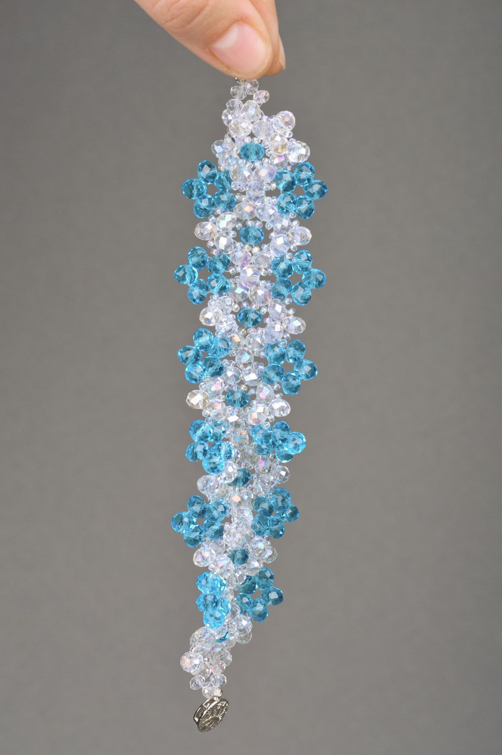 Beautiful handmade women's volume beaded bracelet of gentle white and blue colors photo 3