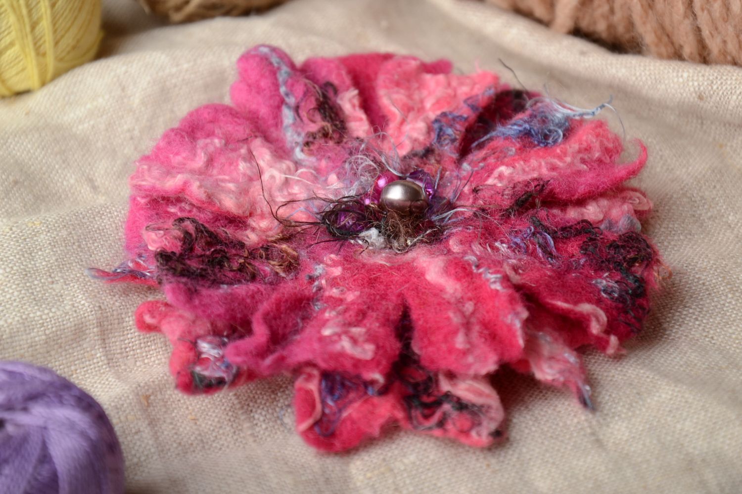 Bright woolen floral brooch made using wet felting technique photo 1