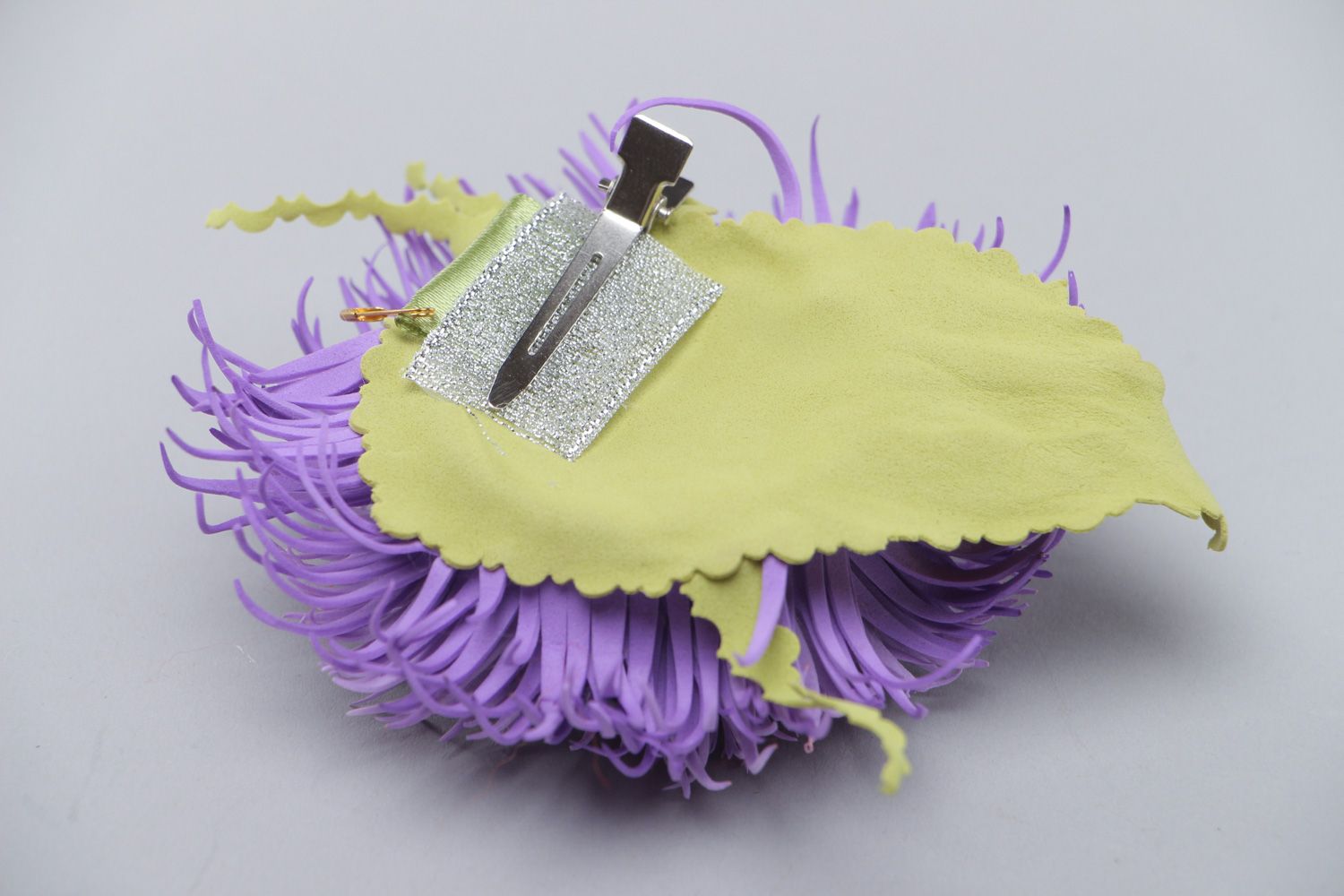 Handmade volume plastic suede brooch hair clip in the shape of violet flower photo 4