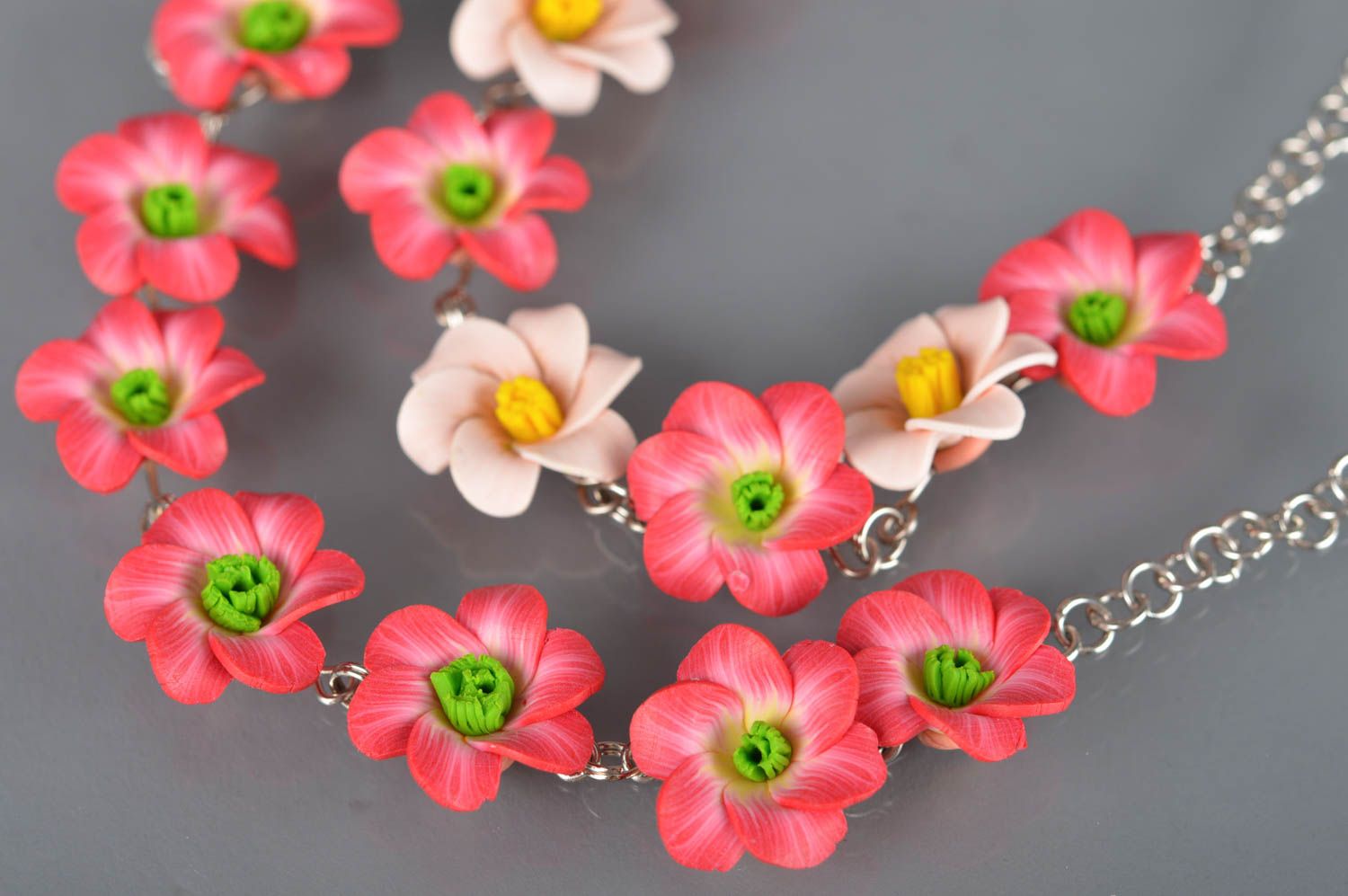 Set of 2 handmade designer wrist bracelets with polymer clay flowers Pink photo 2