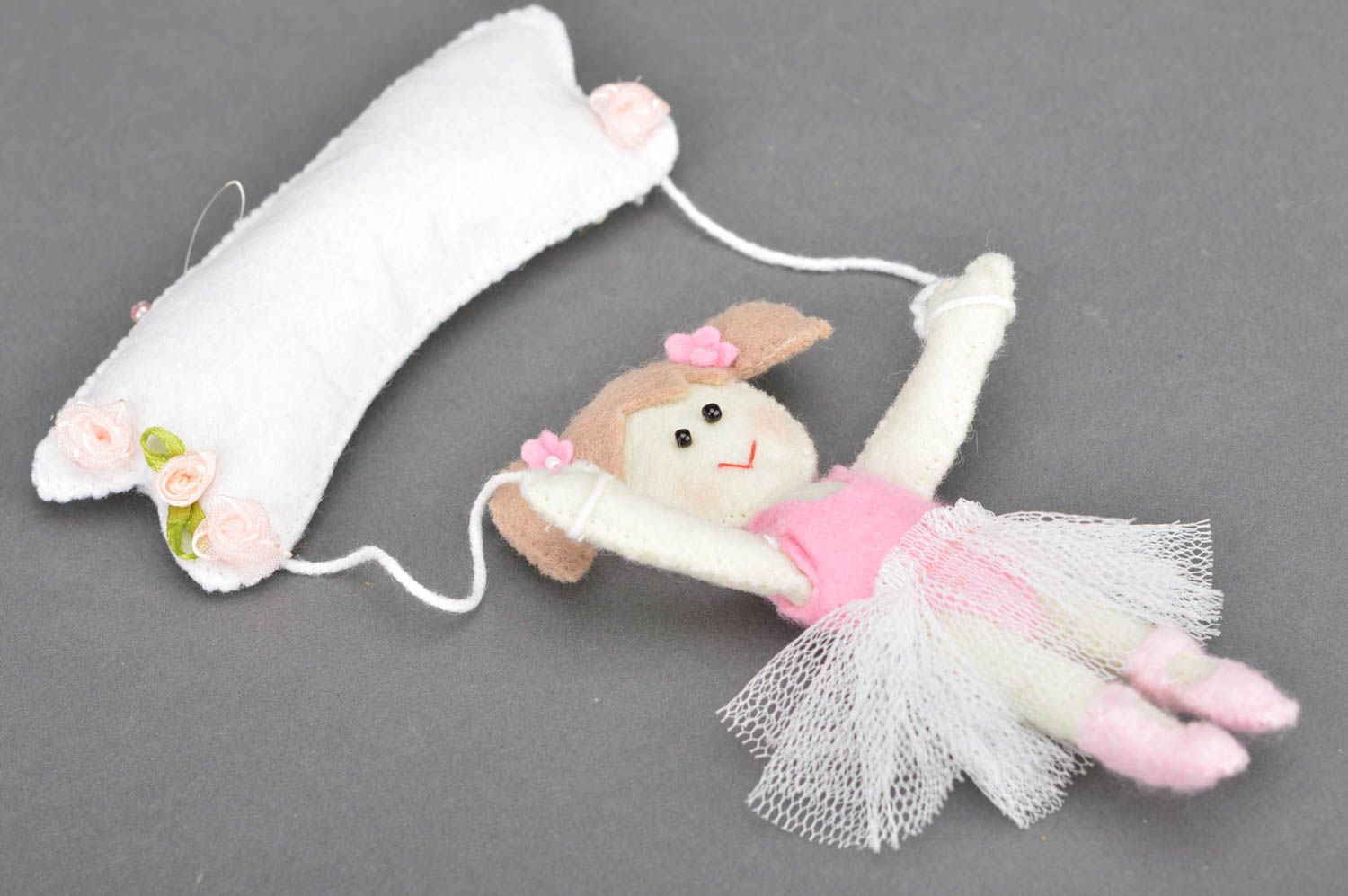 Handmade soft fabric pendant for baby cot made of felt in form of ballerina photo 3