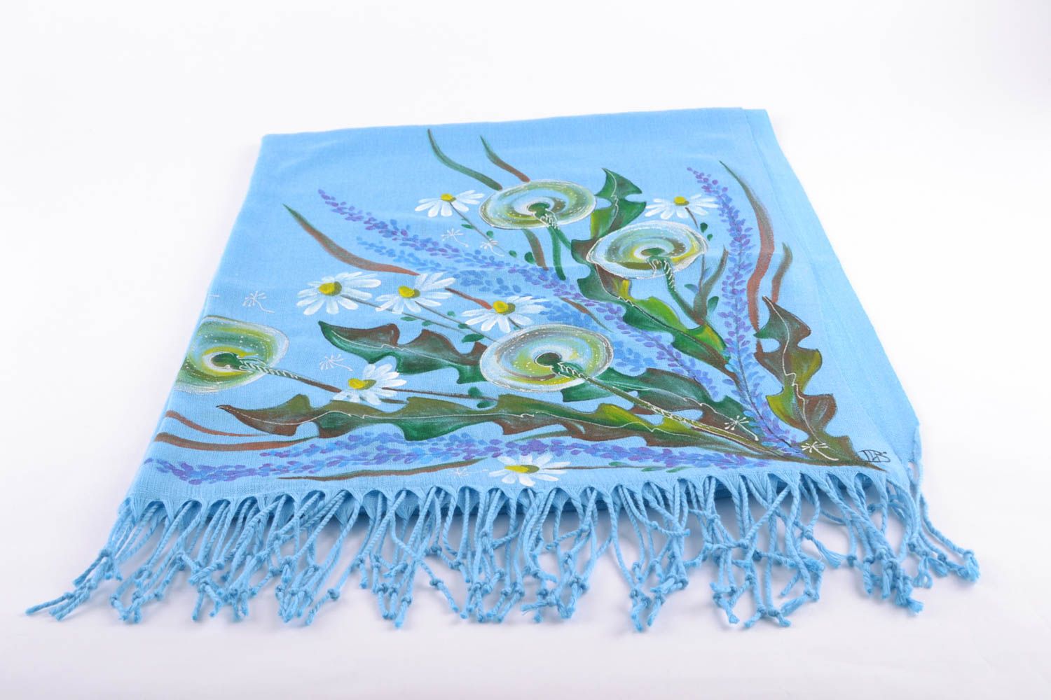 Теплый шарф из кашемира с росписью Одуванчики фото 2