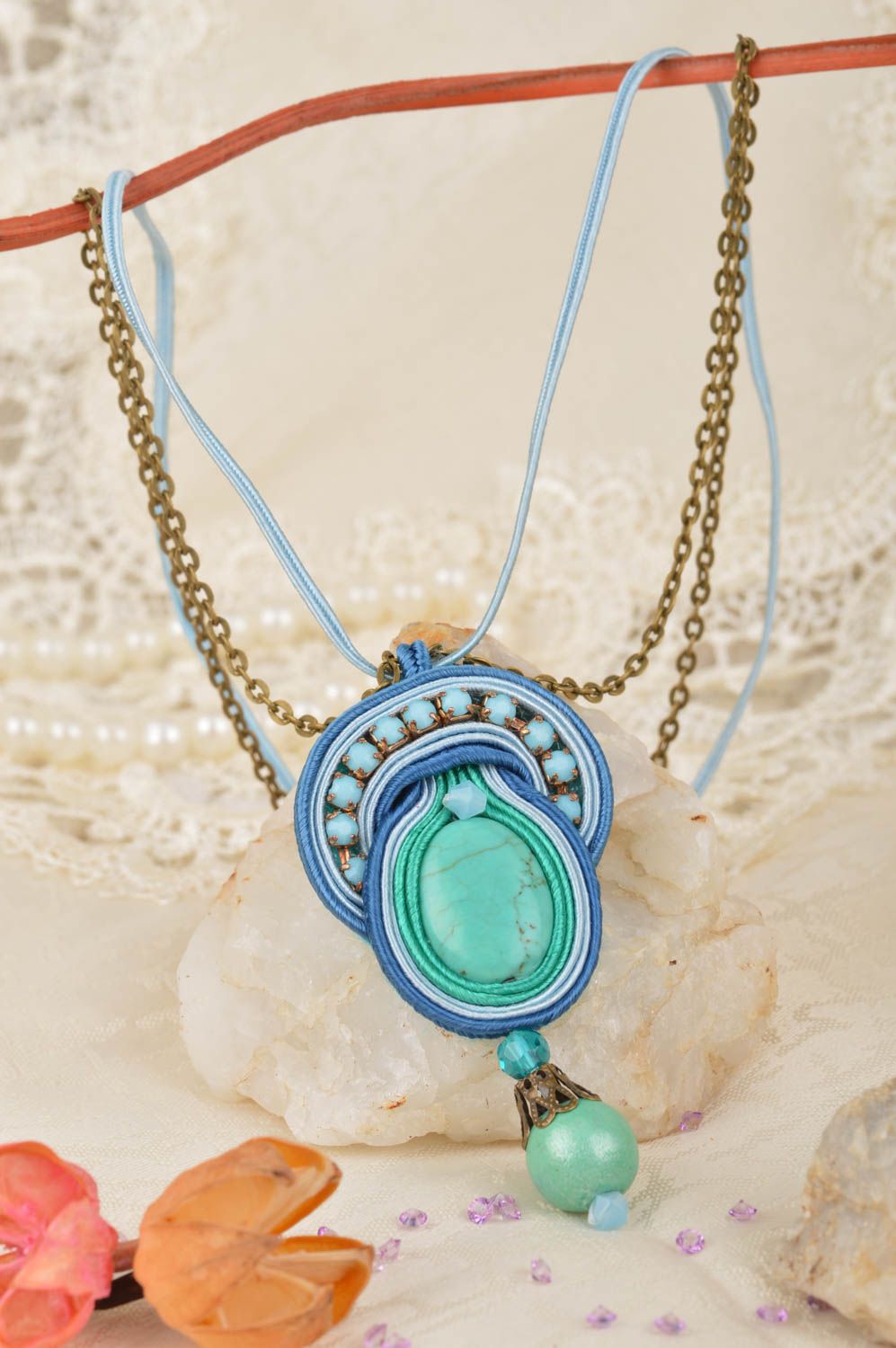 Unusual massive handmade designer soutache pendant with stone in the middle photo 1