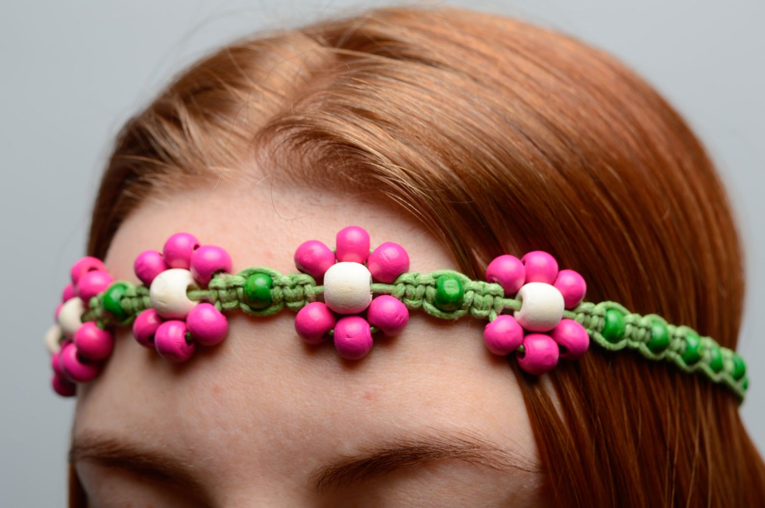 Macrame headband-necklace with wooden beads photo 3