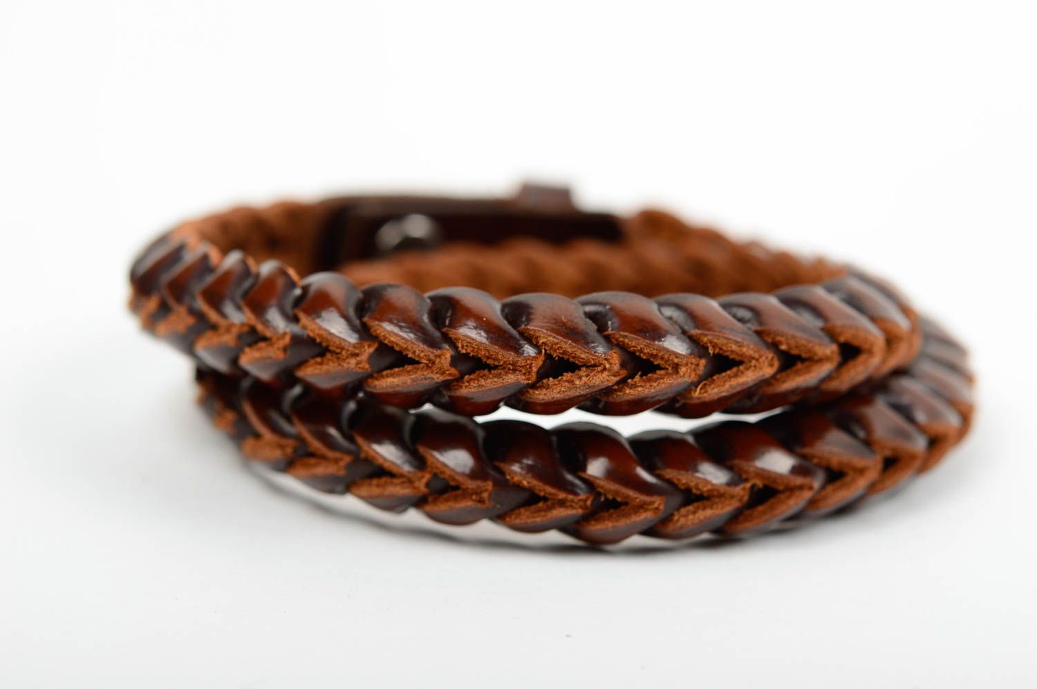 Bracelet 2 rangs tressé en cuir naturel brun fait main accessoire original stylé photo 1
