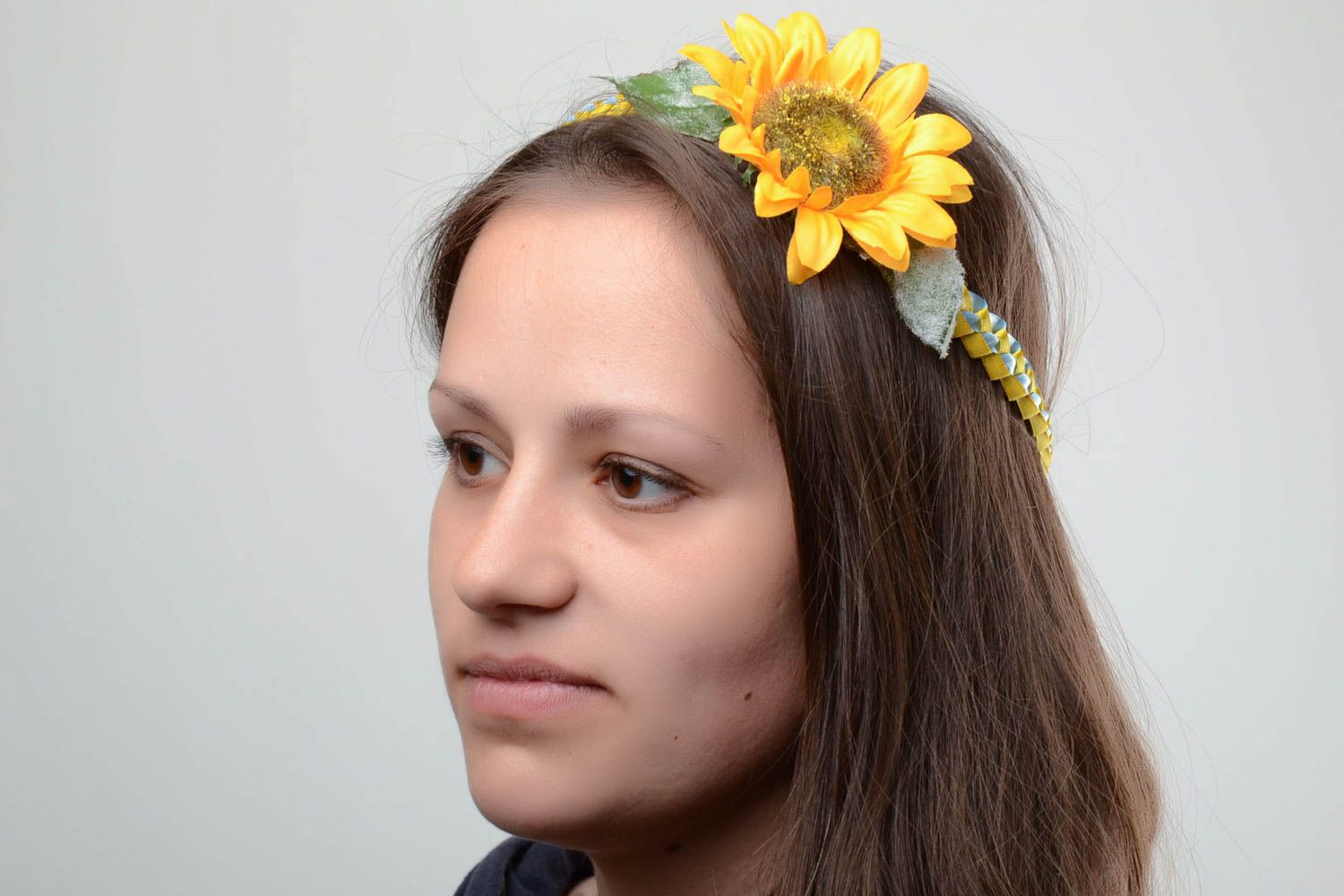 Handmade decorative colorful satin ribbon woven headband with volume sunflower photo 5