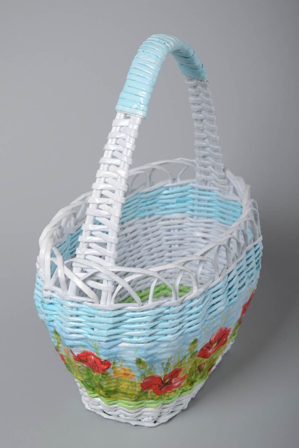 Woven basket made of paper rod in blue shades with painting handmade photo 3