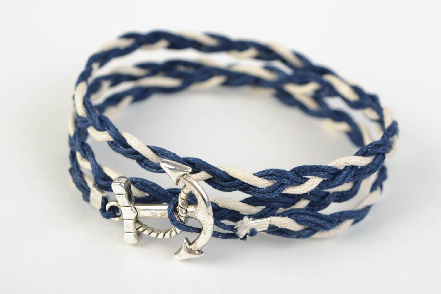 Bracelet en cordon tressé ciré large bleu-blanc original fait main avec ancre photo 3