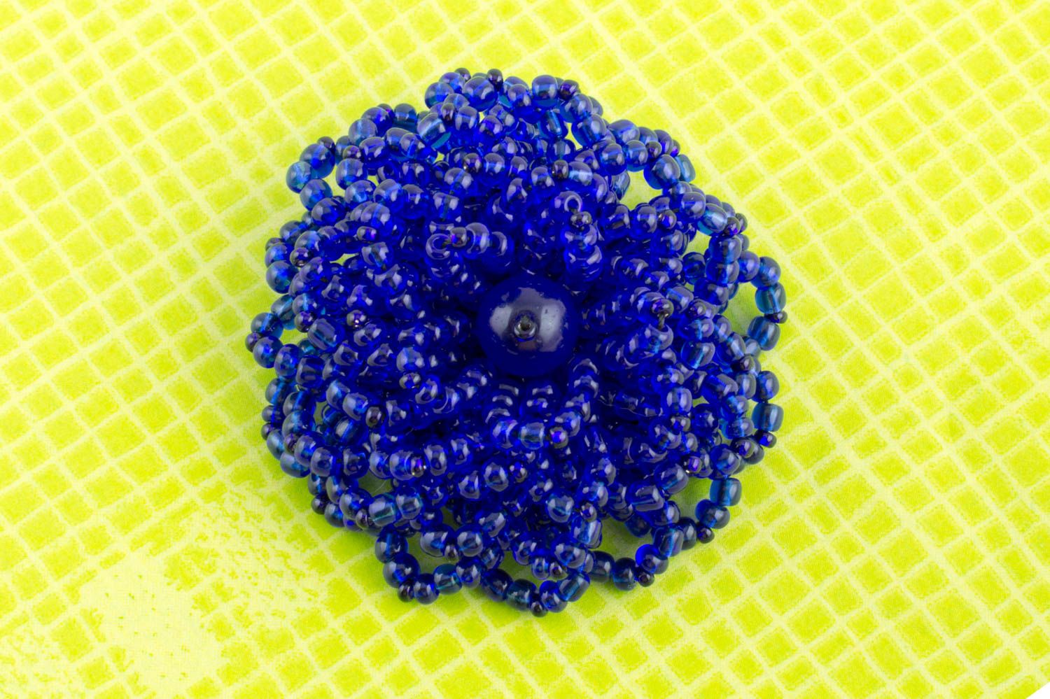 Handmade volume flower shaped bright blue brooch woven of seed beads festive photo 1