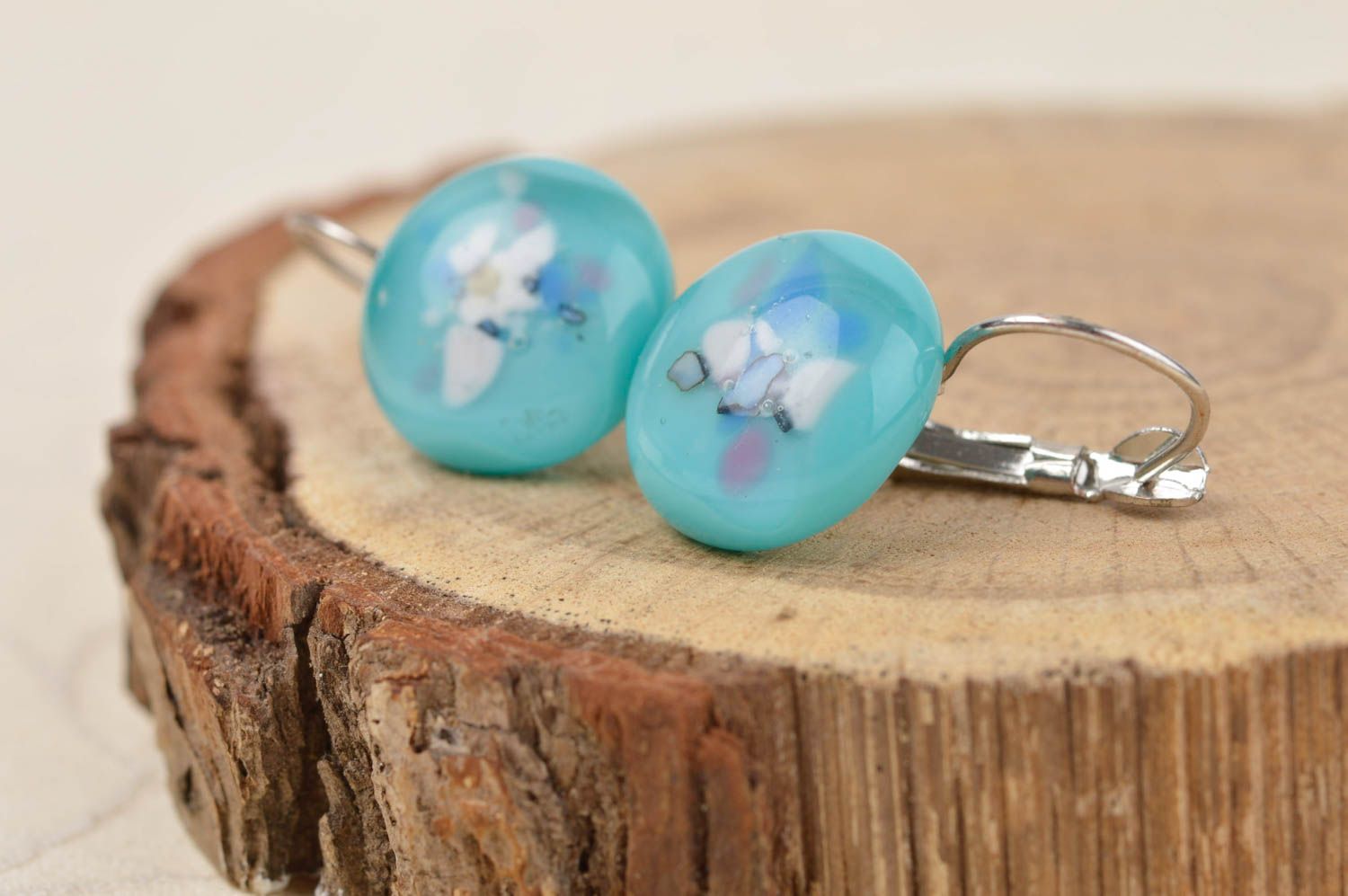 Round handmade glass earrings womens ball earrings glass fusing art gift ideas photo 1