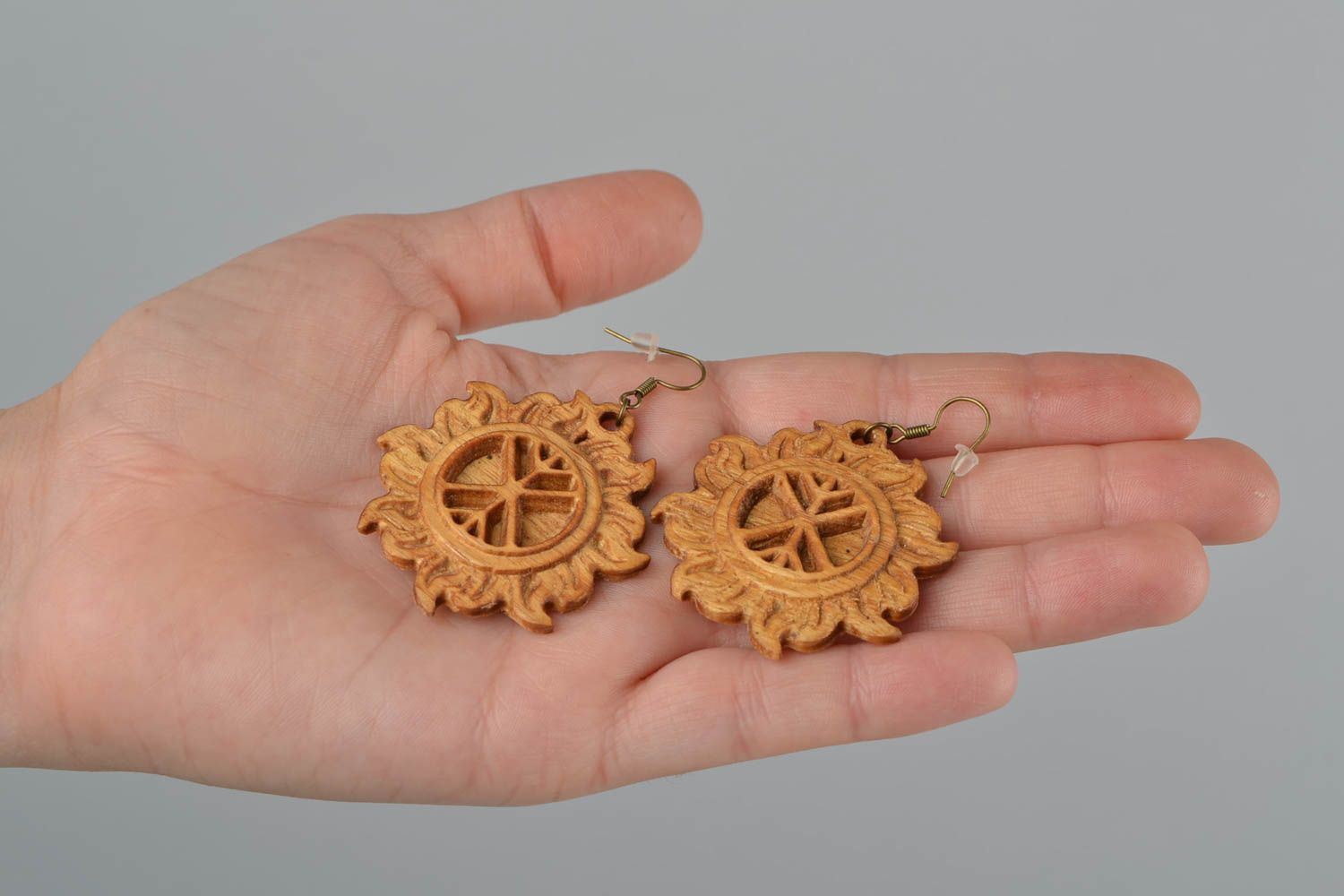 Handmade wooden dangle earrings with ancient Slavic symbol Tree of Life in Sun photo 2