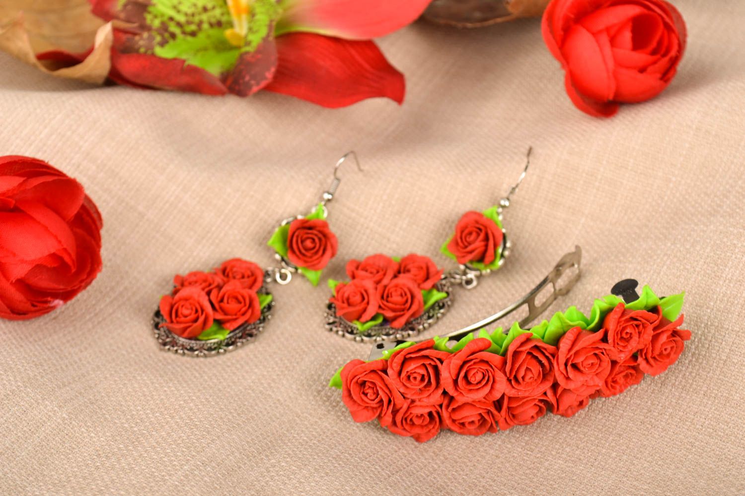Handmade jewelry set plastic earrings flower hair clip beautiful jewellery photo 1