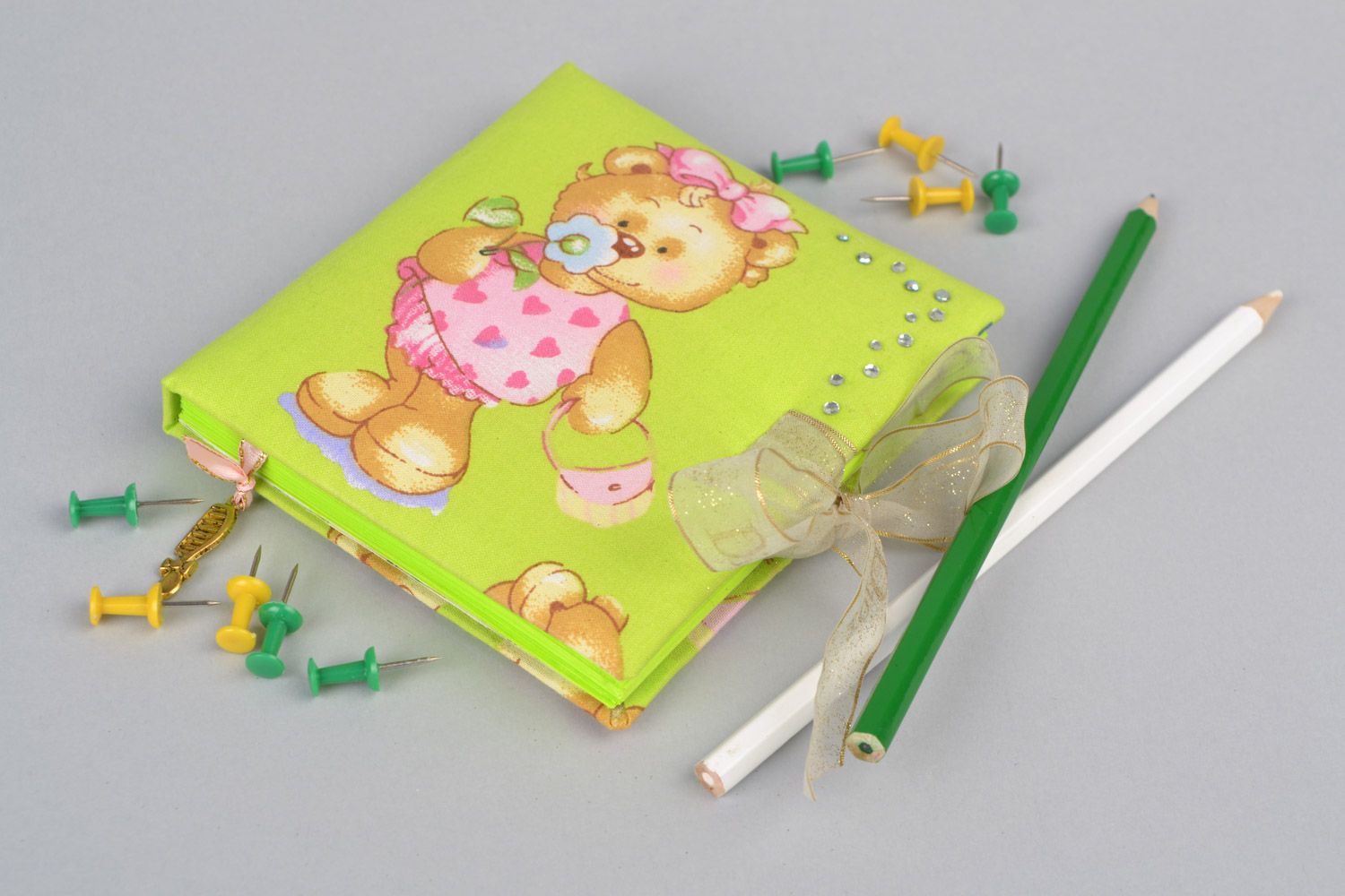 Handmade square notebook with soft green cover with image of bear for 60 pages photo 1