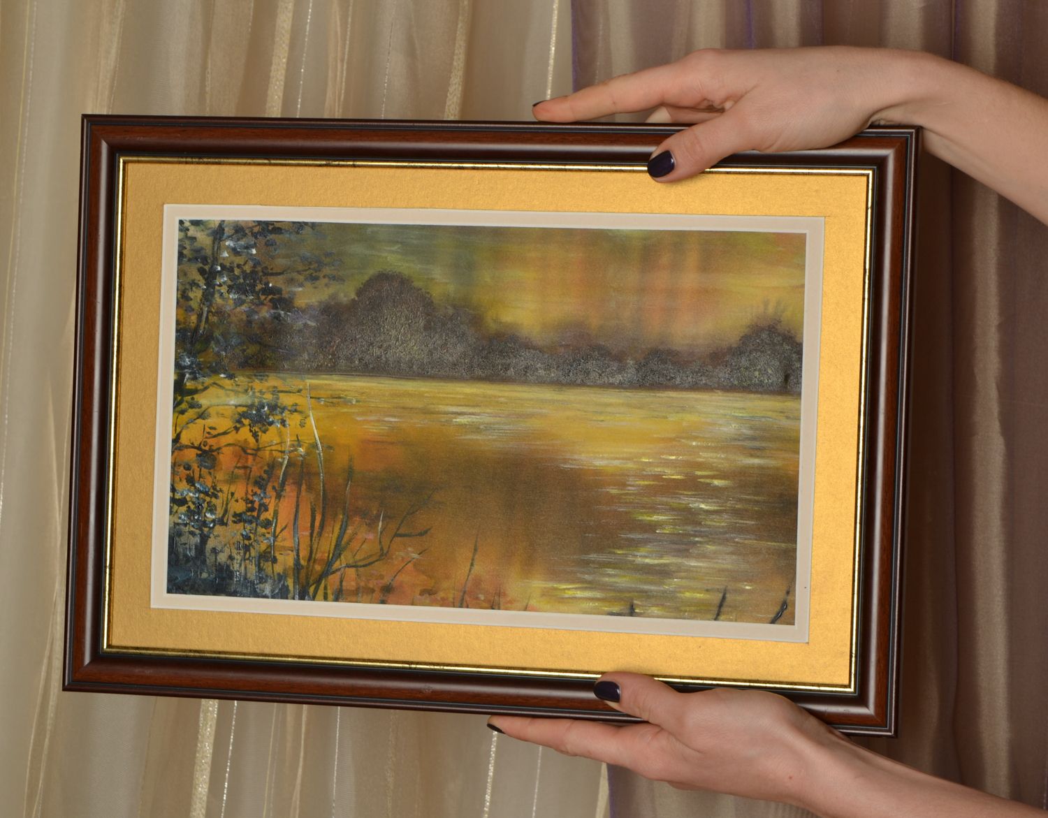 Acrylic landscape painting on fiberboard basis Evening Lake photo 2
