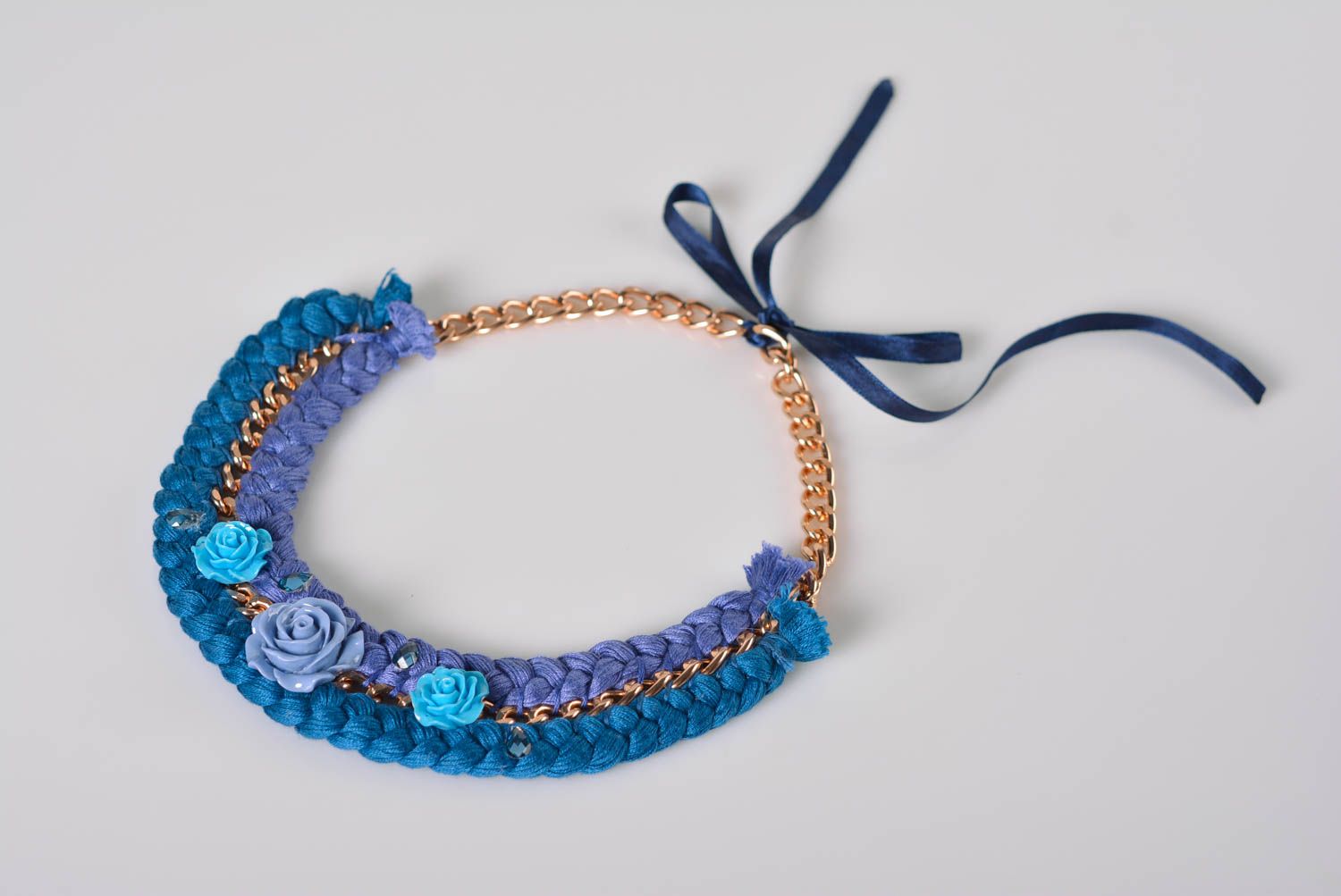 Колье коса ручной работы украшение на шею синее модная бижутерия с цветами фото 3
