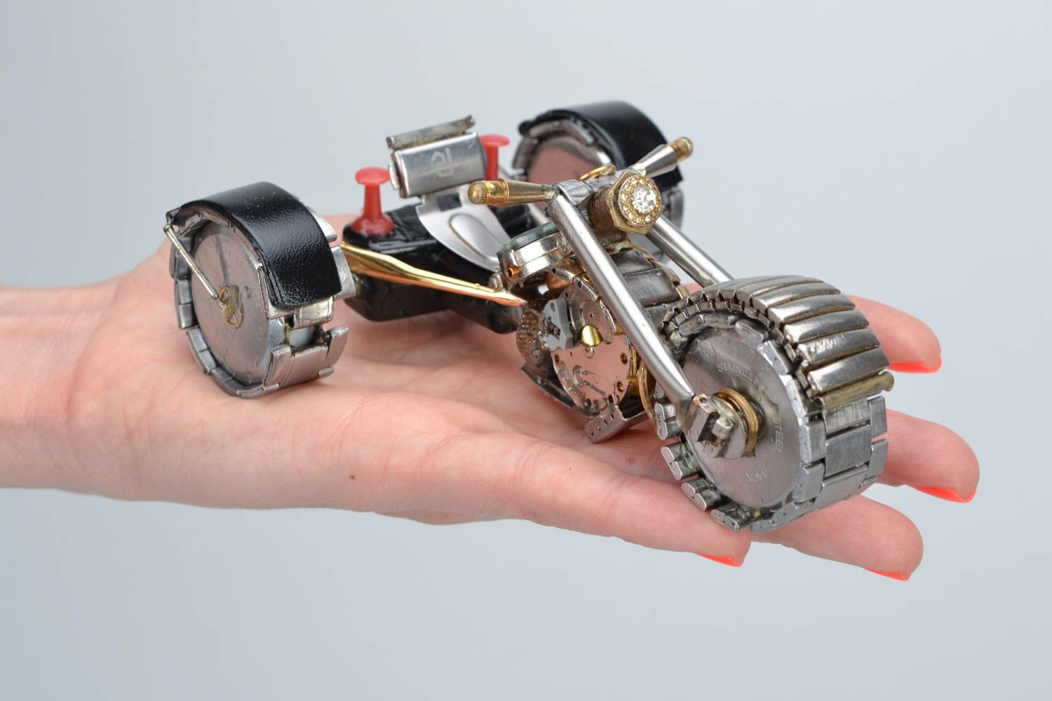 Handmade metal steampunk figurine of trike motorcycle with clock mechanisms photo 2