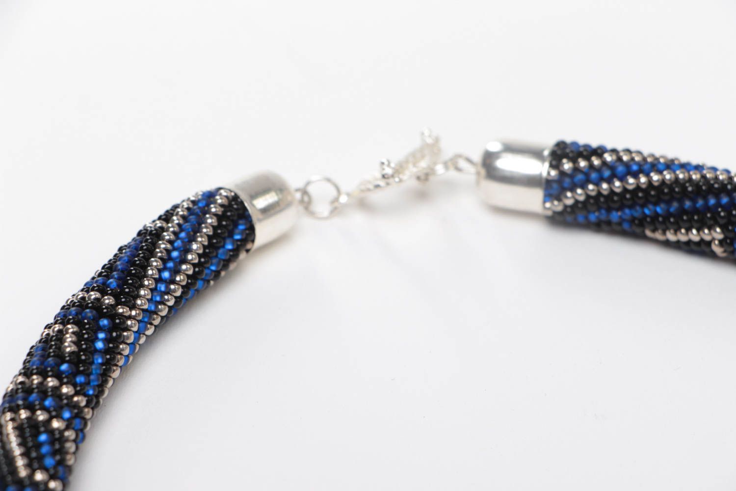 Handmade designer bead woven cord necklace ornamented in dark blue color palette photo 4