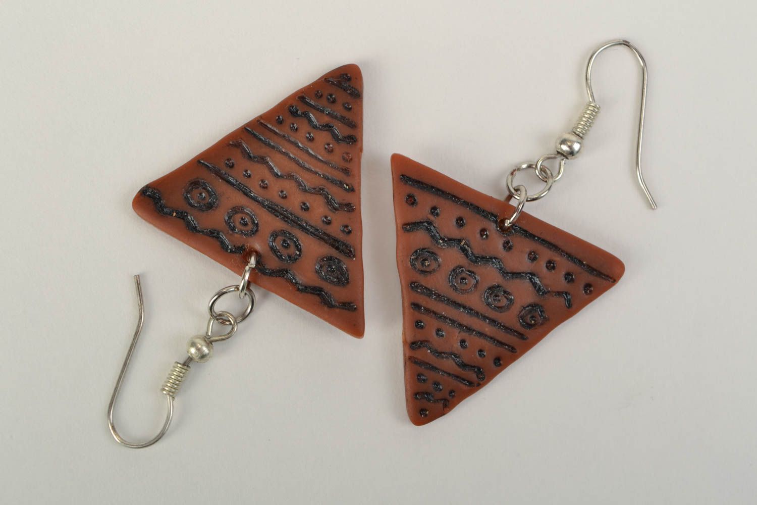 Handmade triangular earrings with charms made of polymer clay with pattern photo 5