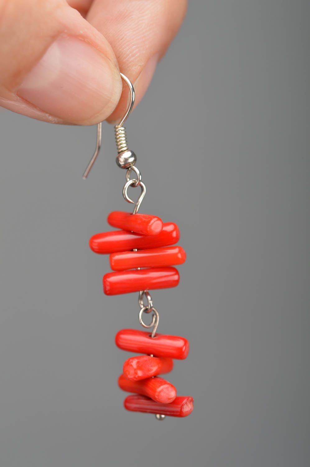Set of handmade designer jewelry with red coral 2 items necklace and earrings photo 3