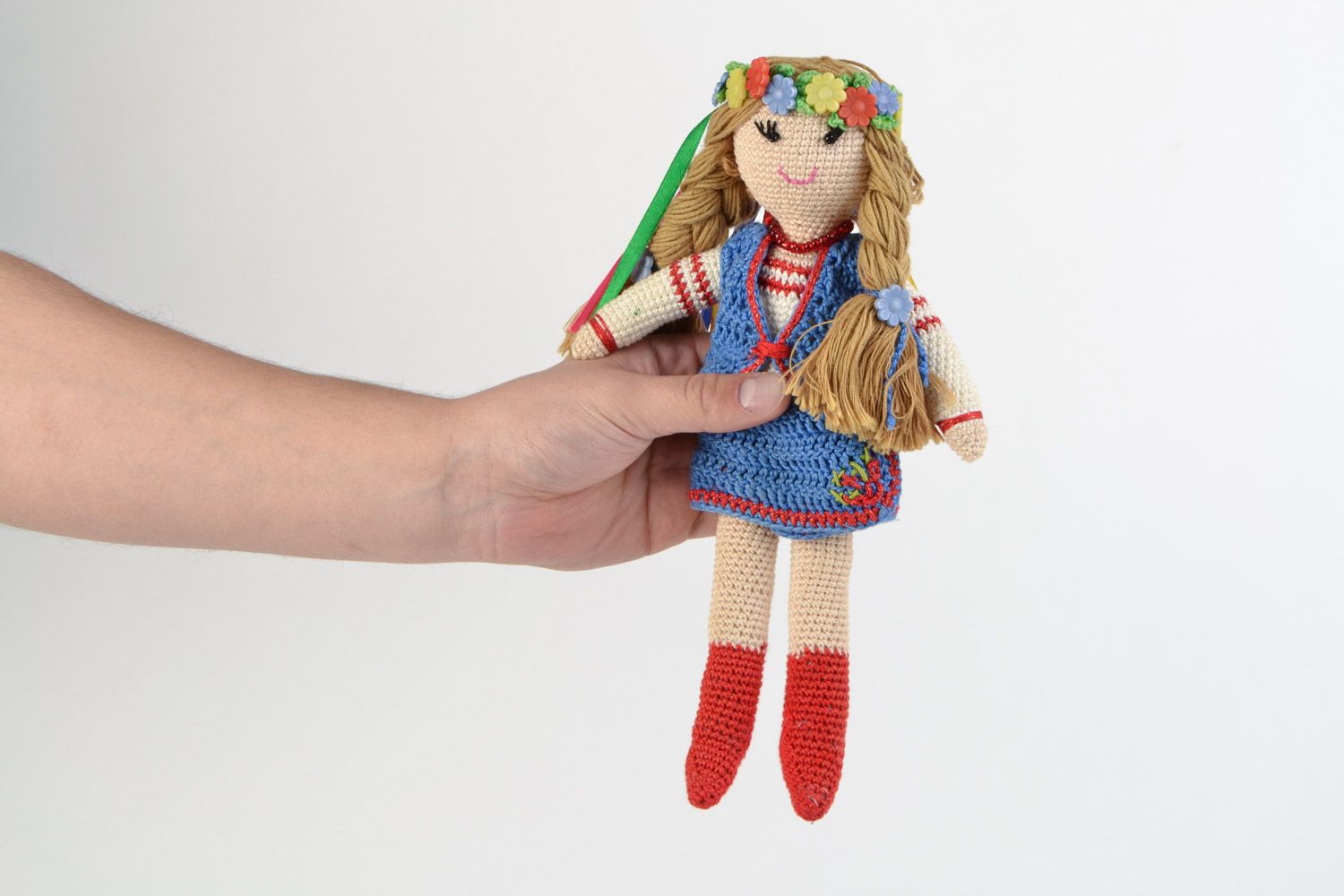 Handmade crochet soft doll Ukrainian Girl in ethnic clothes with head wreath photo 2