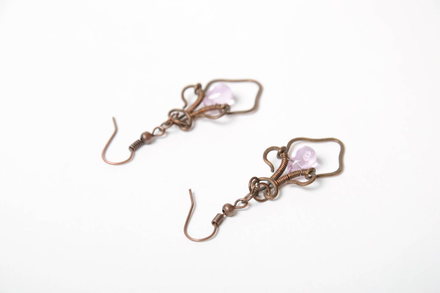 Beautiful unusual handmade long wire wrapped copper earrings with white crystal photo 4