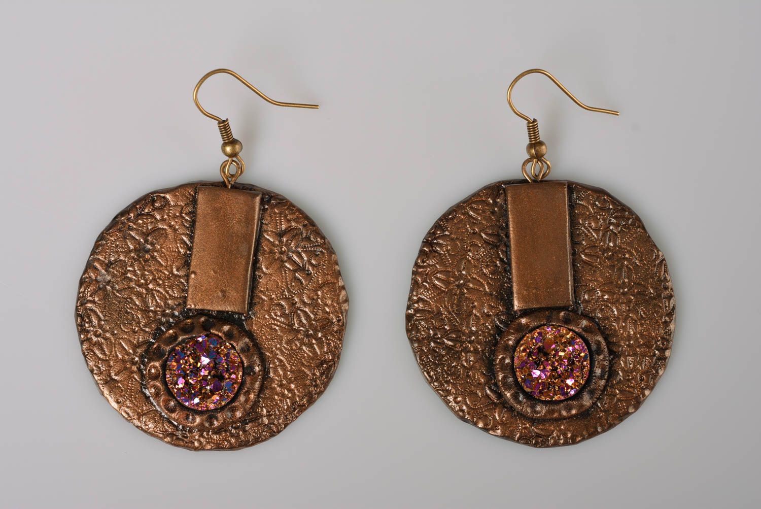 Handmade polymer clay jewelry set of bronze color earrings and pendant on ribbon photo 5