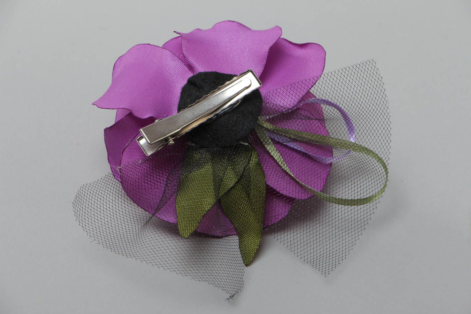 Handmade decorative hair clip with large volume satin rose flower of violet color photo 4