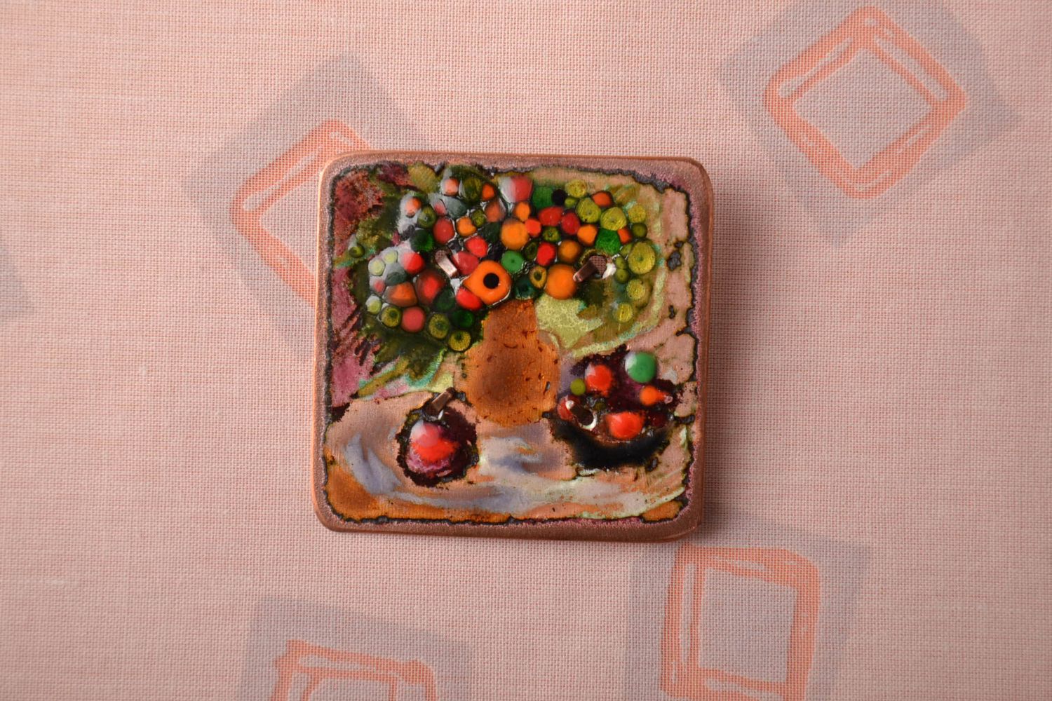 Copper brooch painted with enamels Still Life photo 1