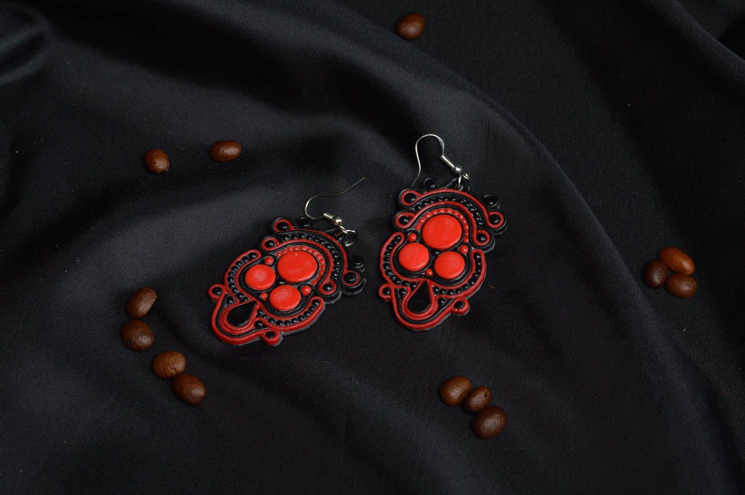 Große rot schwarze handmade Ohrringe aus Polymerton für Damen Krönung  foto 1