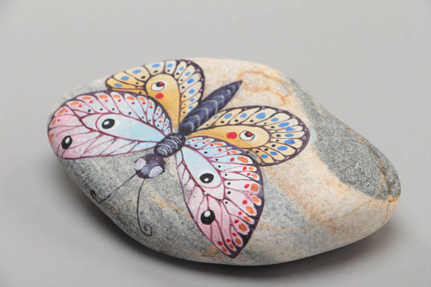 Beautiful large handmade painted sea stone with butterfly drawing photo 3