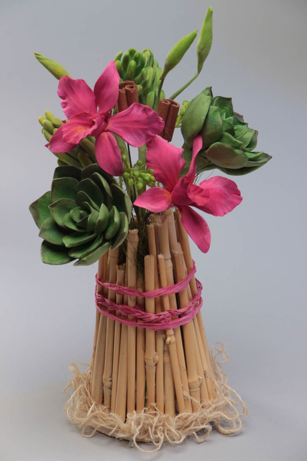 Fleurs en pâte polymère faites main composition décorative Bambou et artichaut photo 2