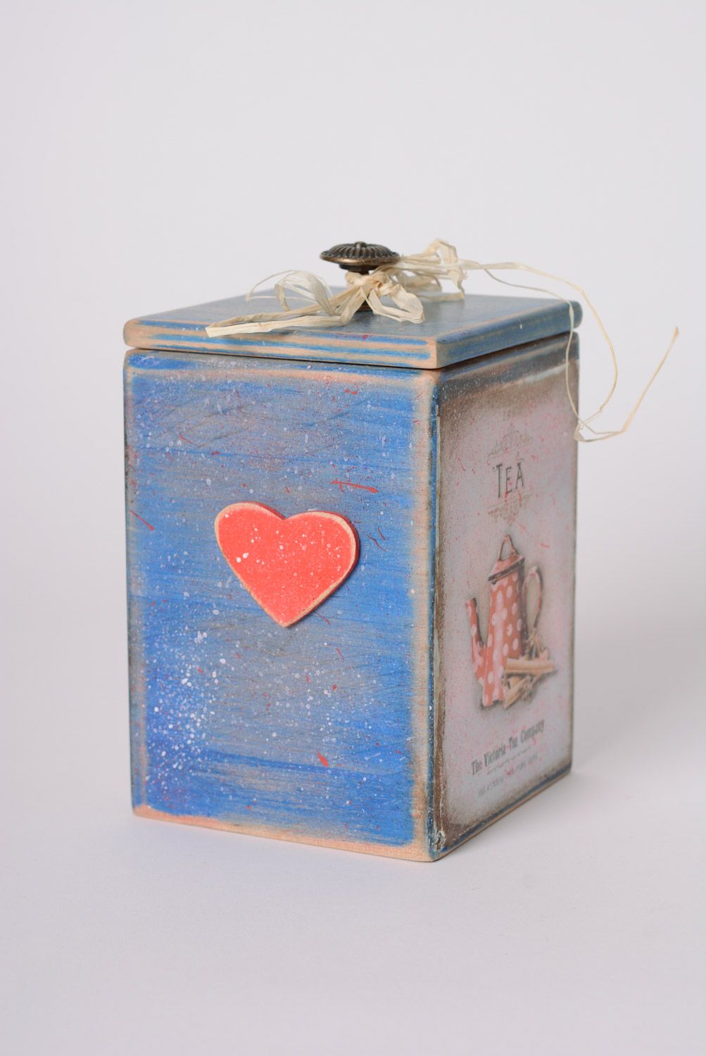 Boîte de rangement de cuisine bleue avec coeur rouge style rétro faite main photo 3