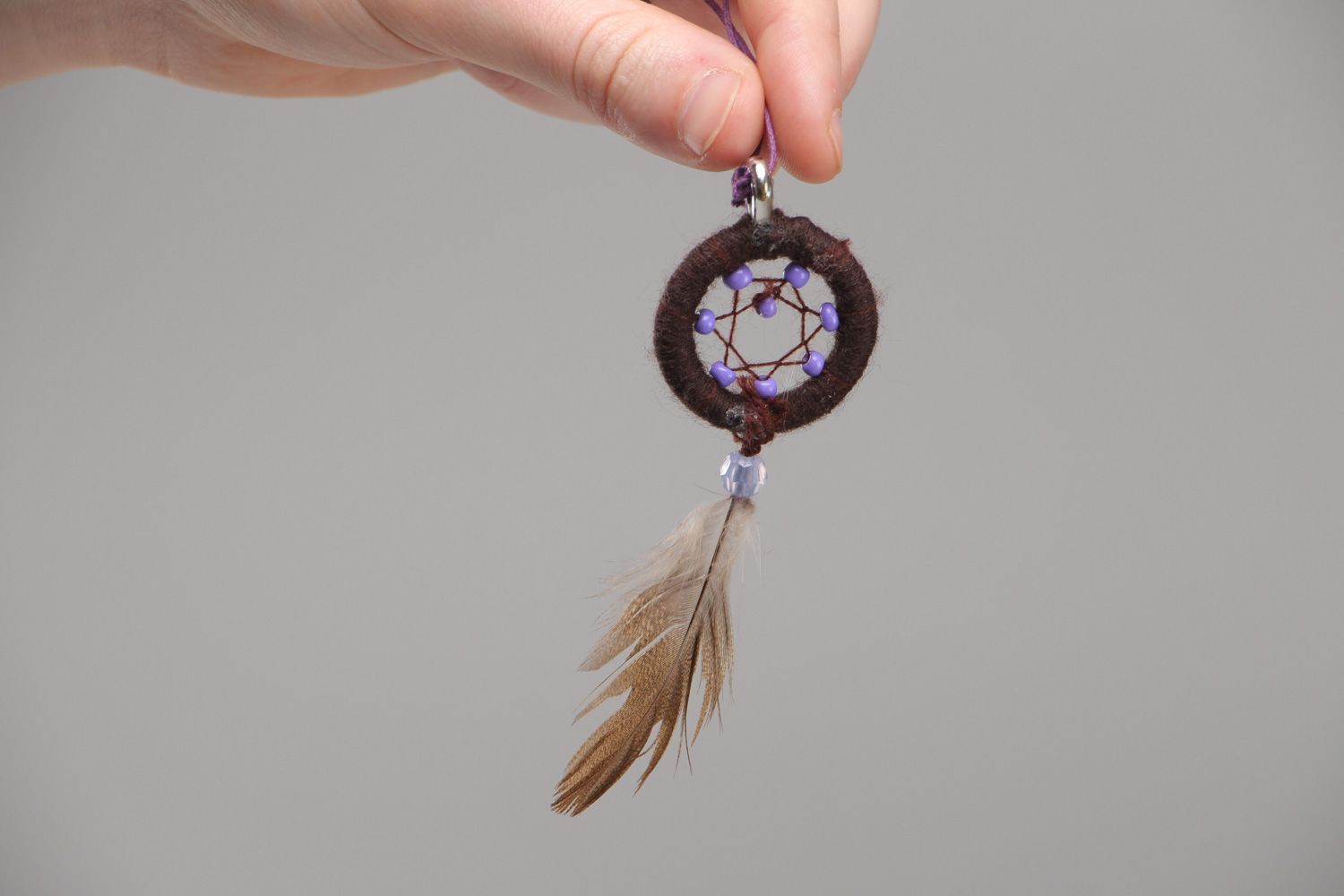 Brown handmade dreamcatcher pendant necklace with natural feather for women photo 3