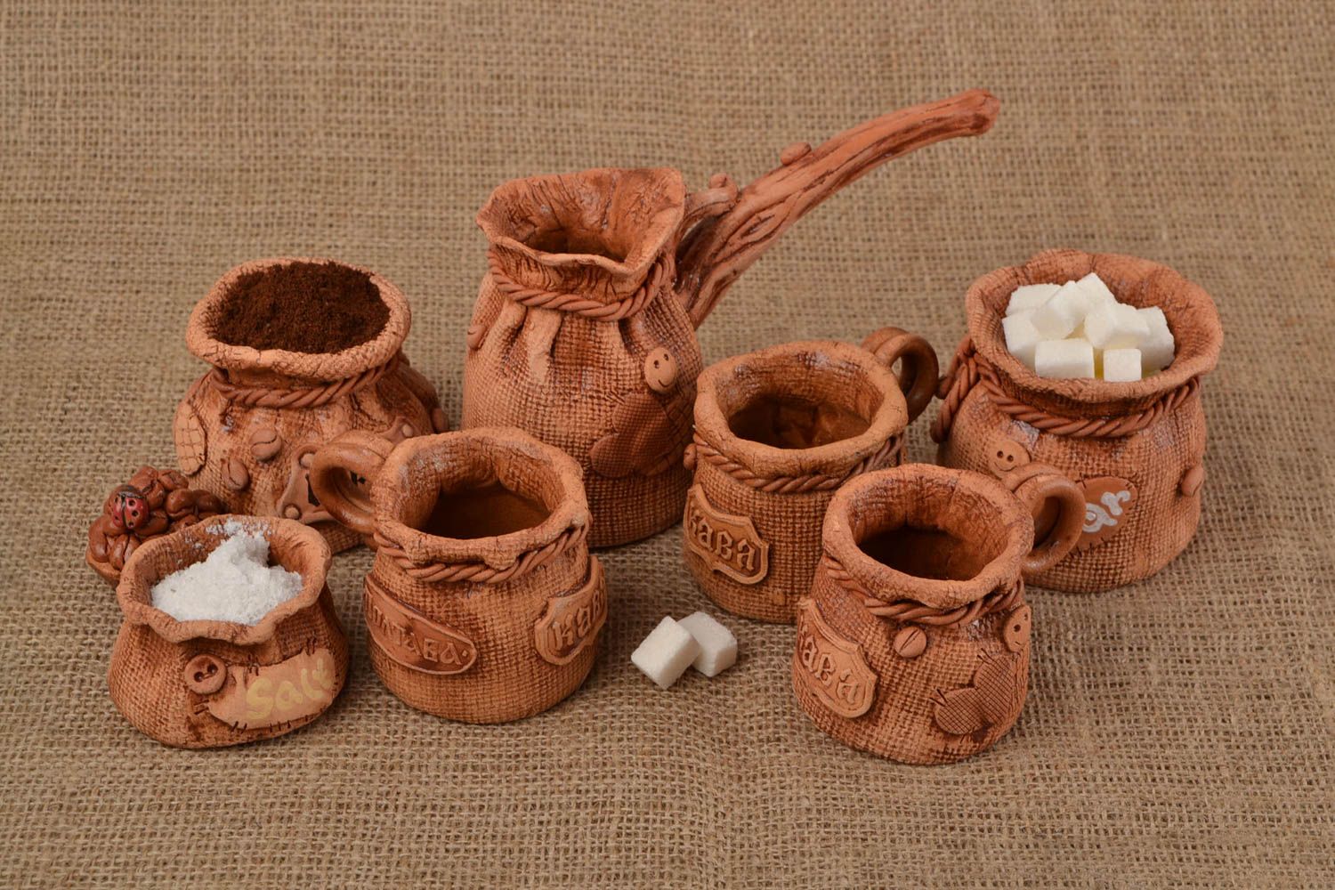  Clay brow decorative pottery set in 7 pieces - three espresso cups, coffee turk, sugar, and salt jars photo 1