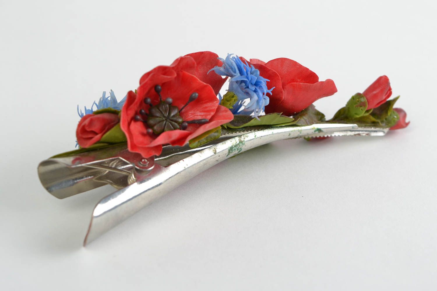 Handmade stylish hairpin made of cold porcelain in the form of red poppies photo 5
