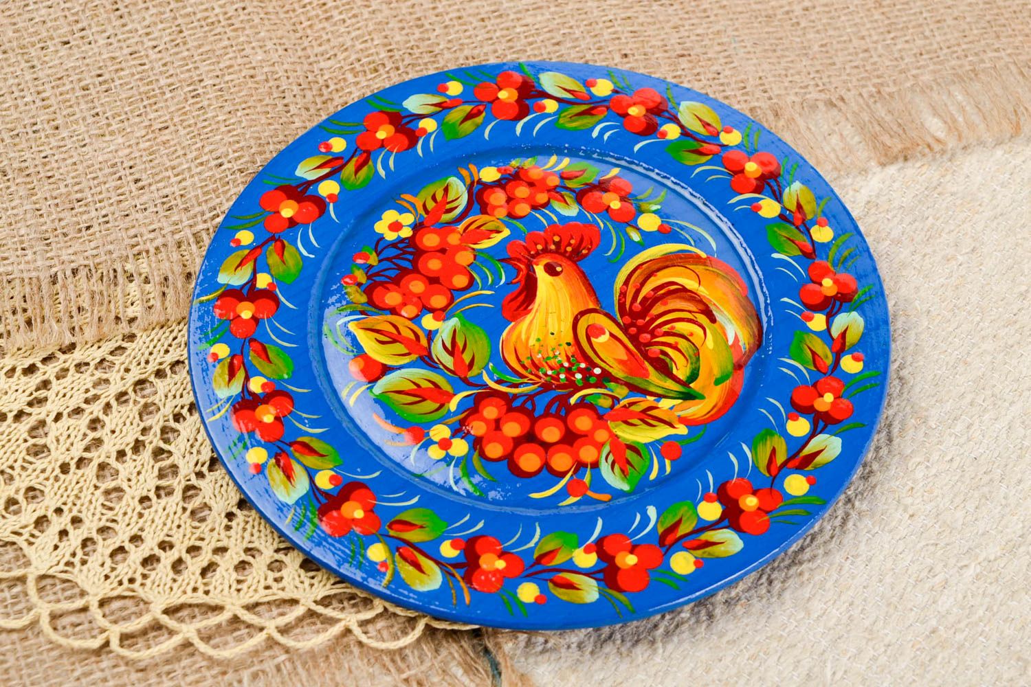 Декоративная посуда ручной работы расписная тарелка синяя тарелка из дерева фото 1