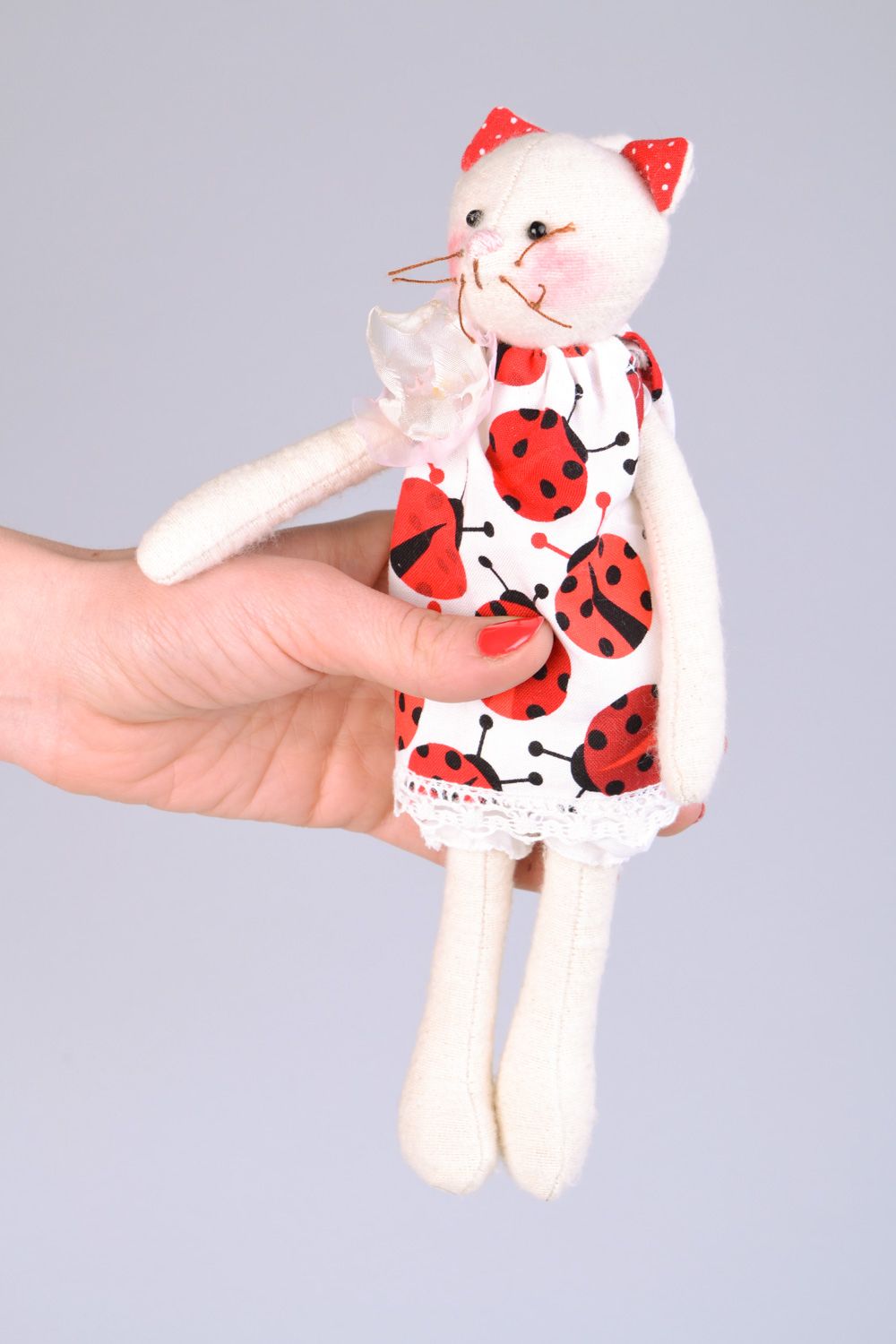 Handmade flannel fabric soft toy white cat in dress with ladybird pattern photo 2