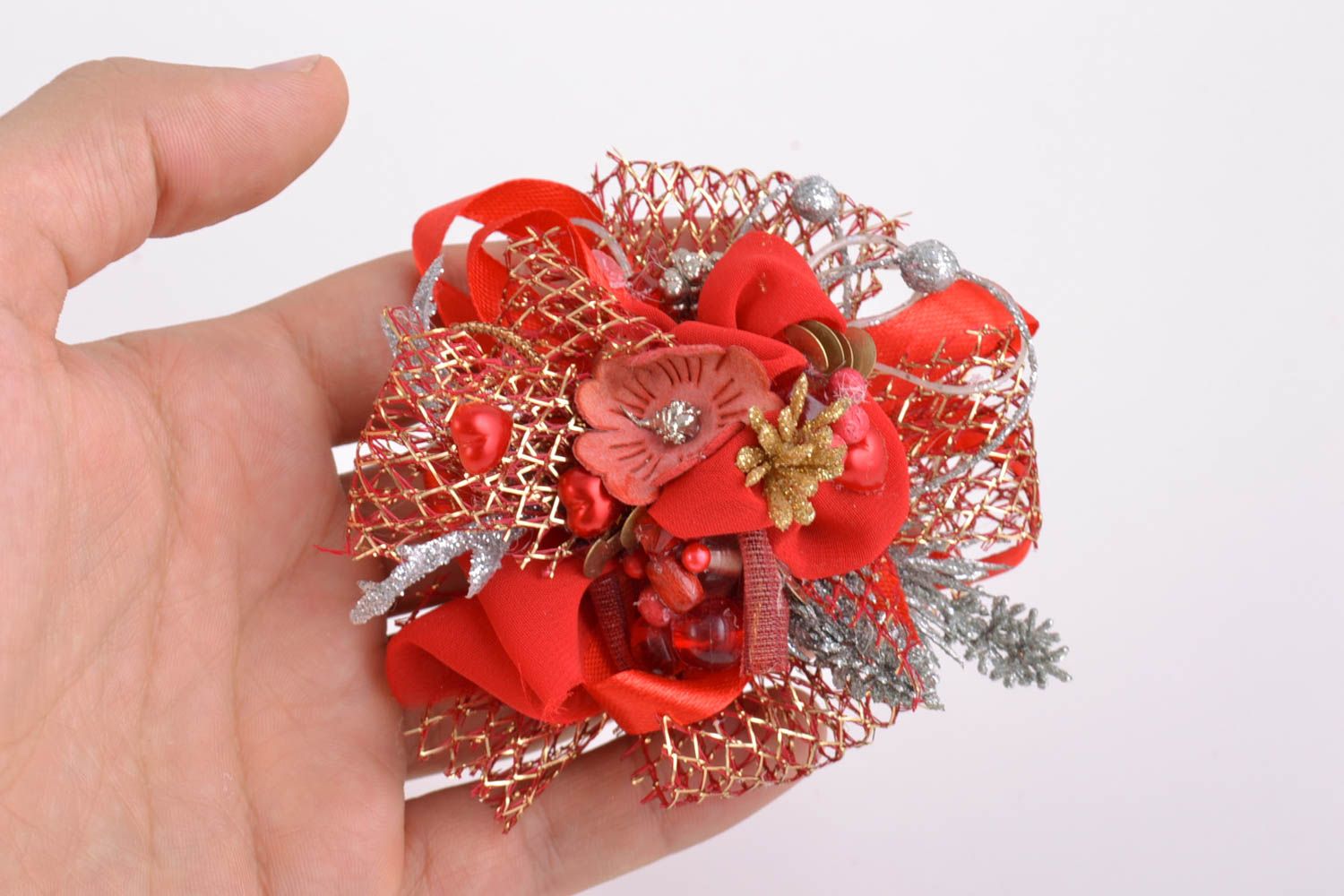 Handmade blank for creating of hair clip or brooch red decorative flowers  photo 2
