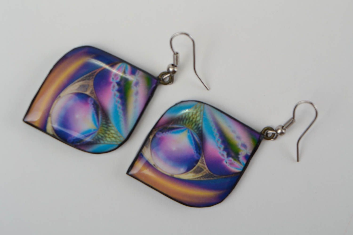 Handmade polymer clay decoupage dangling earrings in violet color palette Time photo 3
