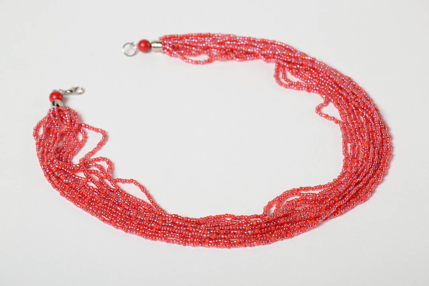 Ожерелье из чешского бисера многорядное авторское красное ручной работы фото 5