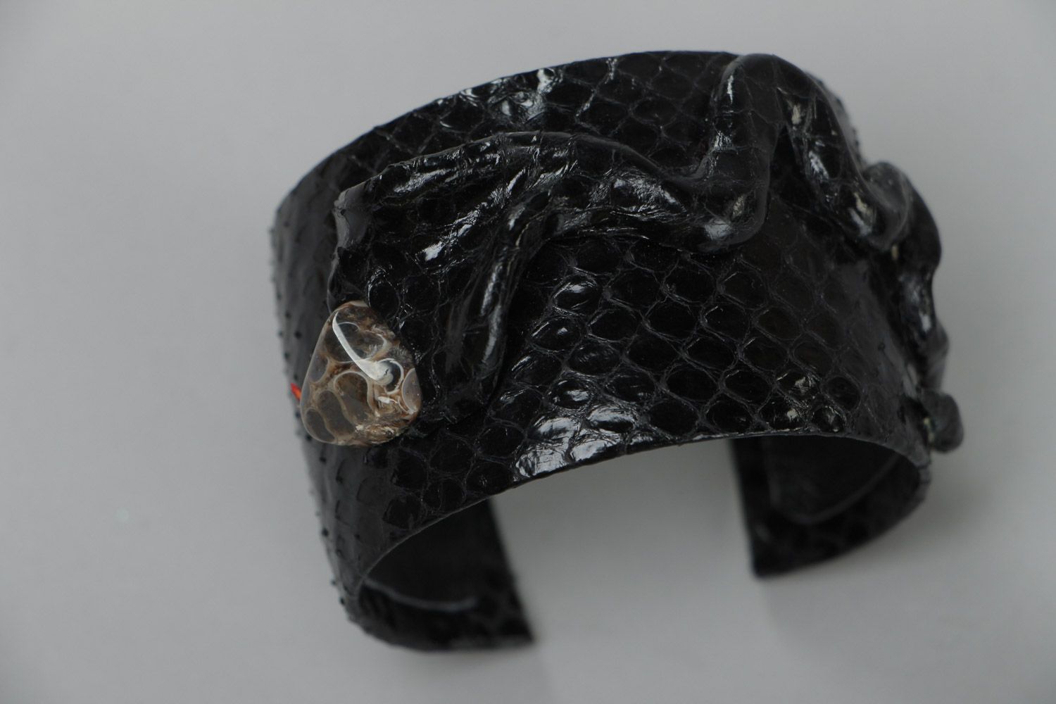 Handmade black snake leather wrist bracelet of adjustable size with jasper  photo 2