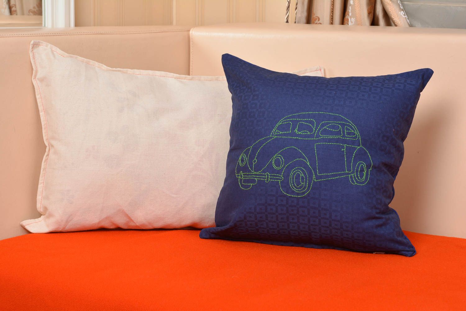Handmade designer satin blue pillow case with embroidered car photo 5