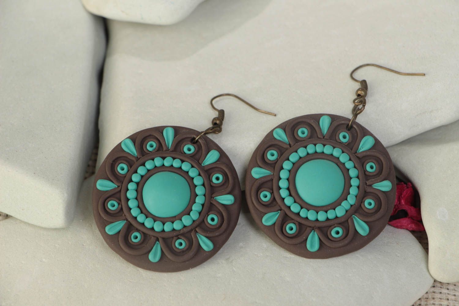 Handmade round polymer clay dangle earrings of gray and turquoise colors photo 1