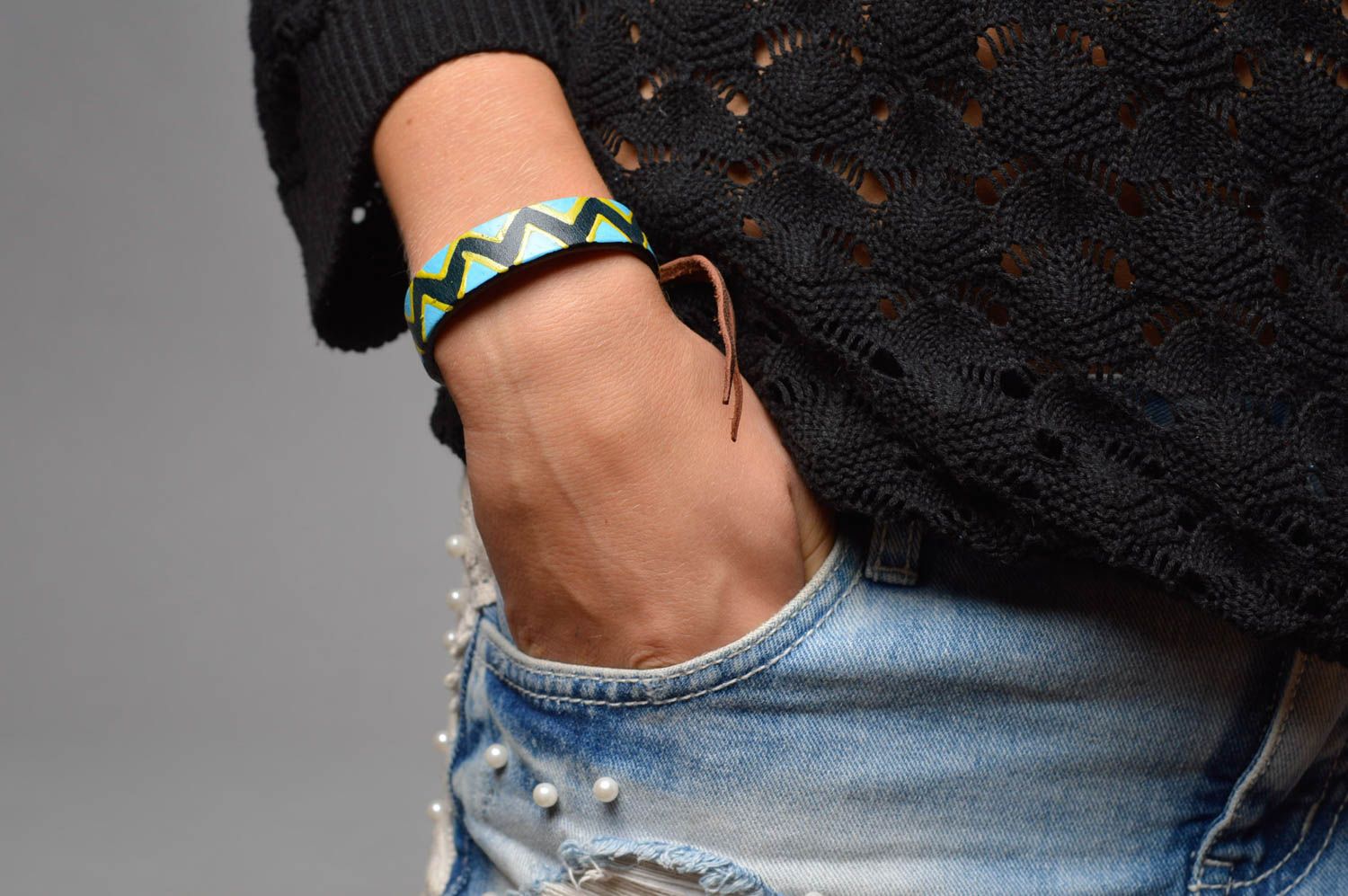 Bracelet cuir naturel Bijou fait main à motif peint Accessoire femme tendance photo 4